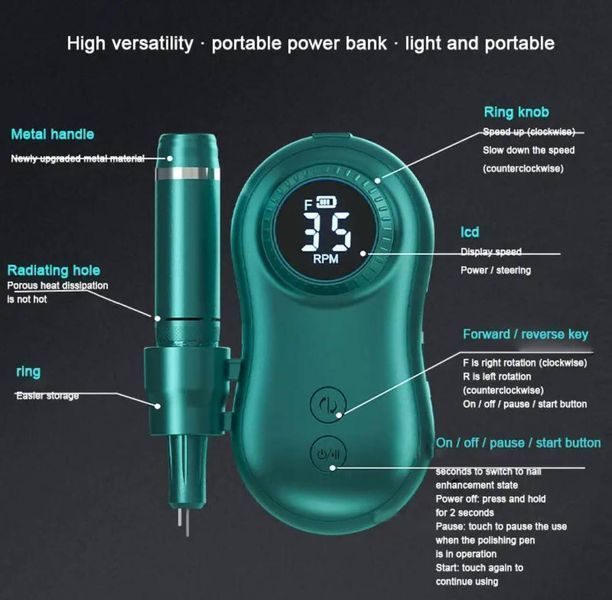 Фрезер JF-602 на 35W &ndash; 35000 об/мин (бирюзовый) на аккумуляторе 2600 mAh для снятия материала и обработки кутикулы 006664 фото
