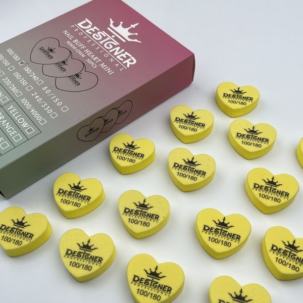 Желтый двусторонний мини баф Nail Buff Heart Mini Дизайнер "сердце" 100/180 грит для шлифования ногтевой пластины 007354 фото