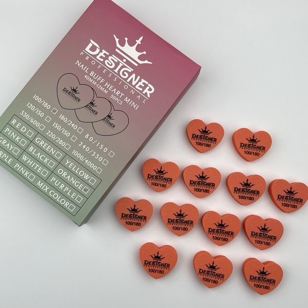 Помаранчевий двосторонній міні баф Nail Buff Heart Mini Дизайнер "серце" 100/180 грит для шліфування нігтьової пластини 007355 фото