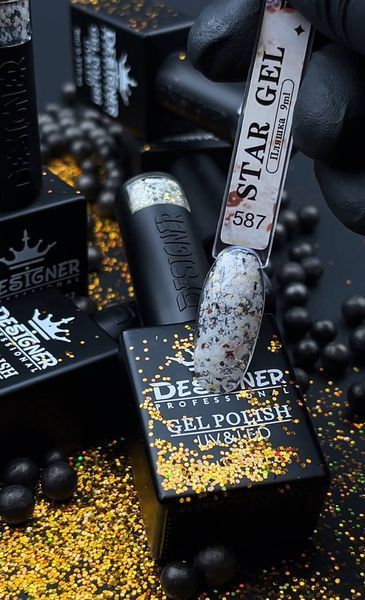 Гель-лак для ногтей Star gel №587 Белый с черным и бронзовым 9 мл Дизайнер с хлопьями Юки 002439 фото