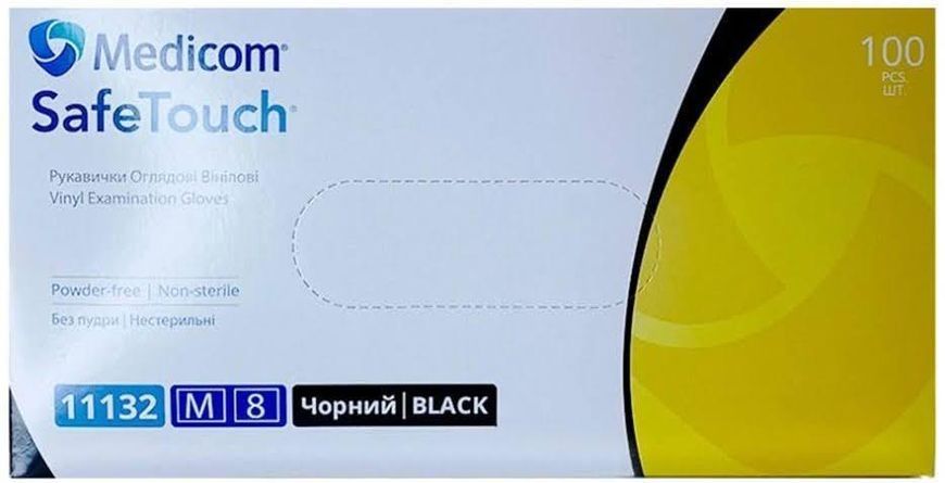 Вінілові оглядові рукавички чорні М-size Medicom SafeTouch, 100шт/уп - 11132-В 007259 фото