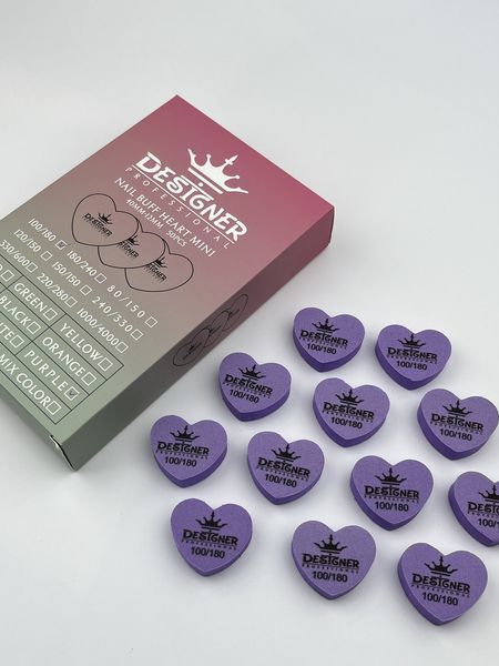 Фіолетовий двосторонній міні баф Nail Buff Heart Mini Дизайнер "серце" 100/180 грит для шліфування нігтьової пластини 007359 фото