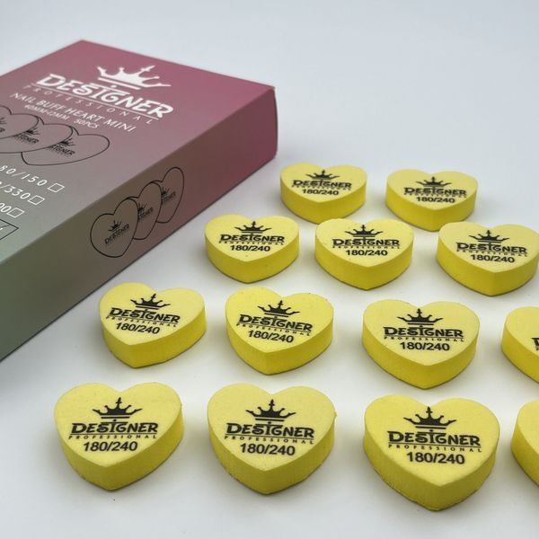 Жовтий двосторонній міні баф Nail Buff Heart Mini Дизайнер "серце" 180/240 грит для шліфування нігтьової пластини 007366 фото