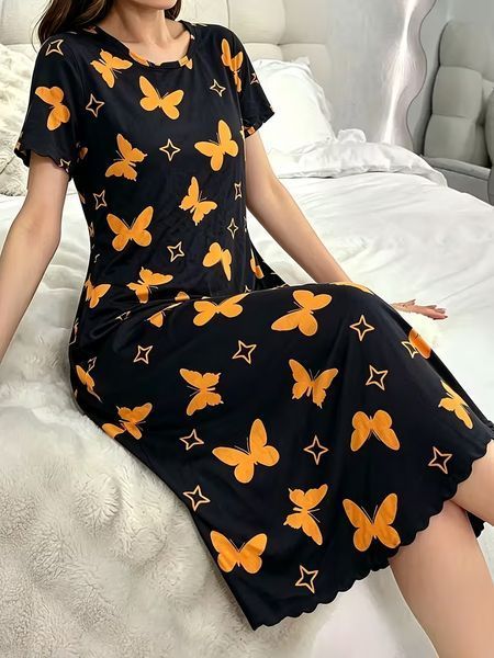 Жіноча сукня-піжама XL (домашній одяг для сну) чорна з метеликами 001006 фото