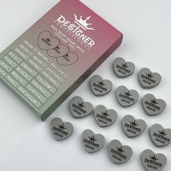 Сірий двосторонній міні баф Nail Buff Heart Mini Дизайнер "серце" 180/240 грит для шліфування нігтьової пластини 007368 фото