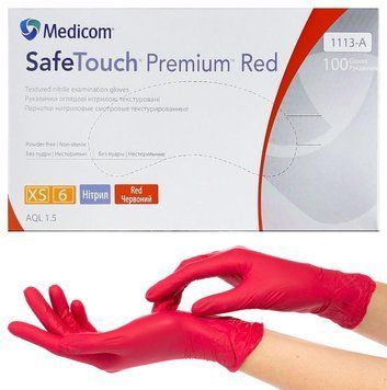 Перчатки нитриловые красные XS-size Medicom SafeTouch Premium Red, 100шт/уп - 1113 009029 фото
