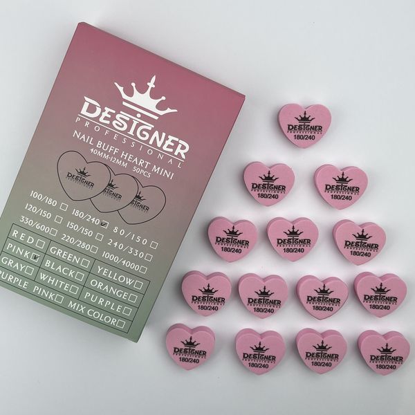 Рожевий двосторонній міні баф Nail Buff Heart Mini Дизайнер "серце" 180/240 грит для шліфування нігтьової пластини 007369 фото