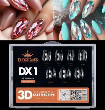 Гелеві тіпси 168 шт, 7 форм/уп Дизайнер 3D Diamond Mix Fast Gel Tips DX1 для нарощування нігтів 008612 фото