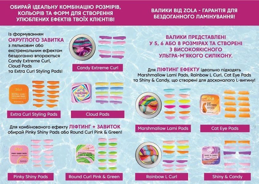 Zola валики Candy Extreme Curl (XS, S, M, L, XL) для ламинирования ресниц (5 пар/уп) 002978 фото