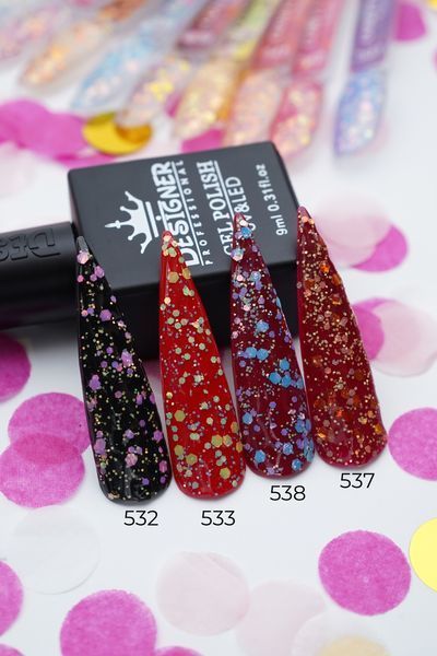 Гель-лак для ногтей Дизайнер Confetti Gel №537 оранжевый с желтым конфетти 9 мл 002393 фото