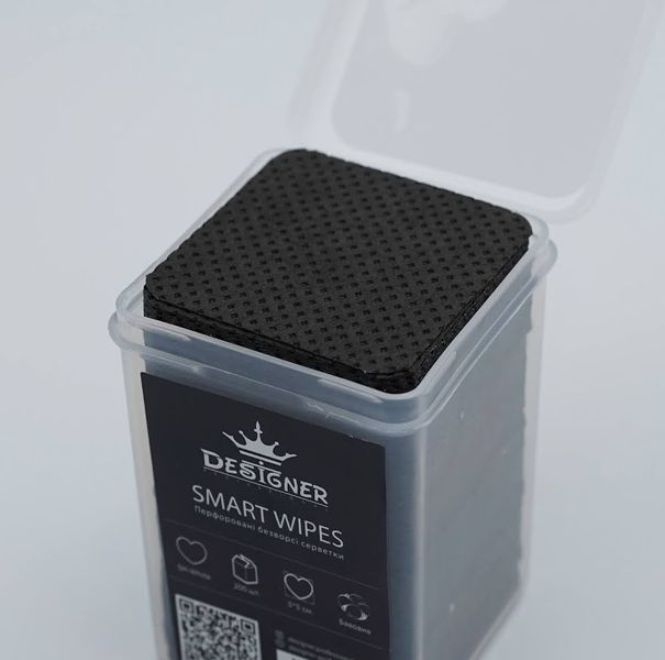 Чорні перфоровані безворсові серветки Designer Smart Wipes "Square" 200 шт у боксі для манікюру 002855 фото