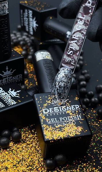 Гель-лак для нігтів Дизайнер Star Gel №579 срібло з чорним із пластівцями юки 9 мл 002431 фото