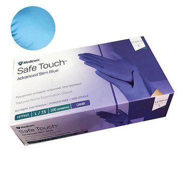 Перчатки обзорные нитриловые синие L-size Medicom SafeTouch Advanced Slim Blue (без пудры), 100шт/уп - 1175P-D 007318 фото