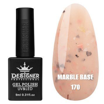 Цветная камуфлирующая база для ногтей Дизайнер Marble base №170 персиковая с цветной поталью, 9 мл 004829 фото