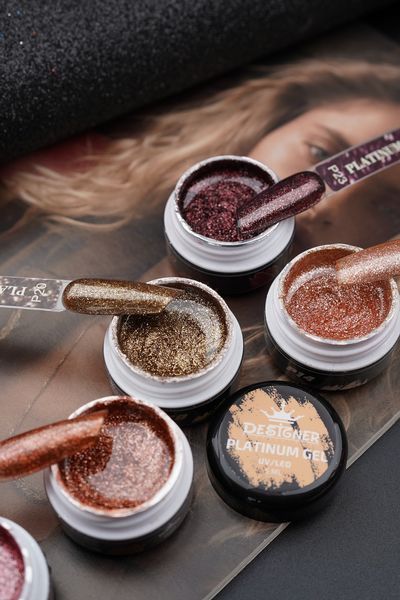 Гель з шиммером Platinum Gel (Золото №20, 5 мл) Дизайнер для манікюру та педикюру 005631 фото